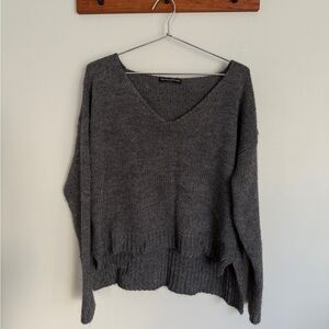 Brandy Melville Gray V-Neck Knit Sweater | Wool Blend | One Size